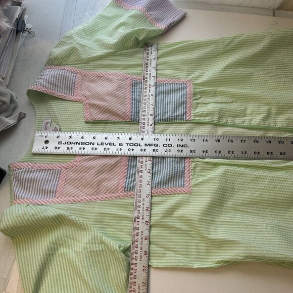 Go Softly Womens Striped MuMu Housedress Small Maxi Short Sleeve Green Pink Zip - Picture 7 of 8